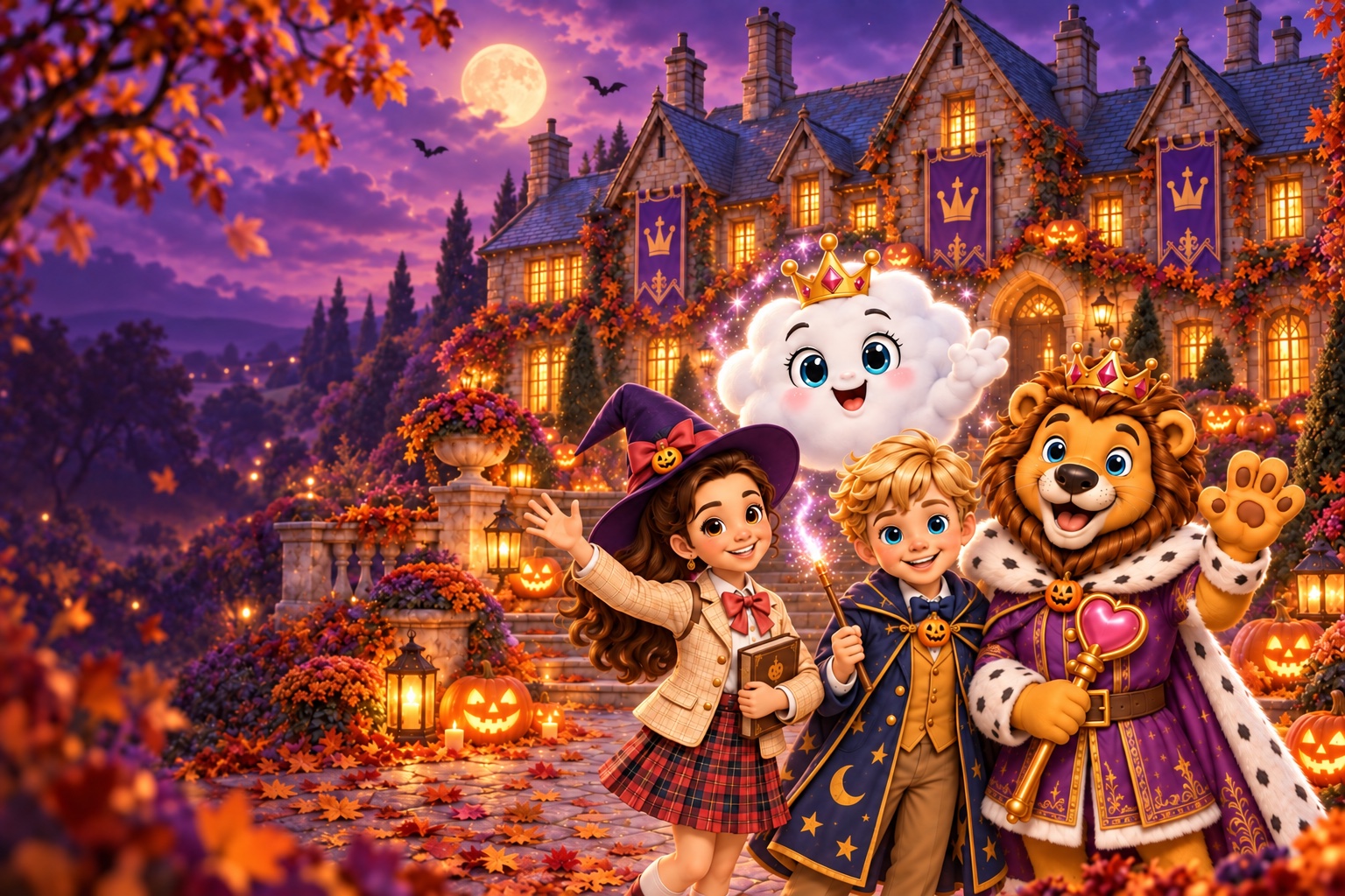 Myla, Riley, Queen Marshmallow and Sir Braveheart welcome you to a pumpkin-lit Manor on a magical Halloween evening.
