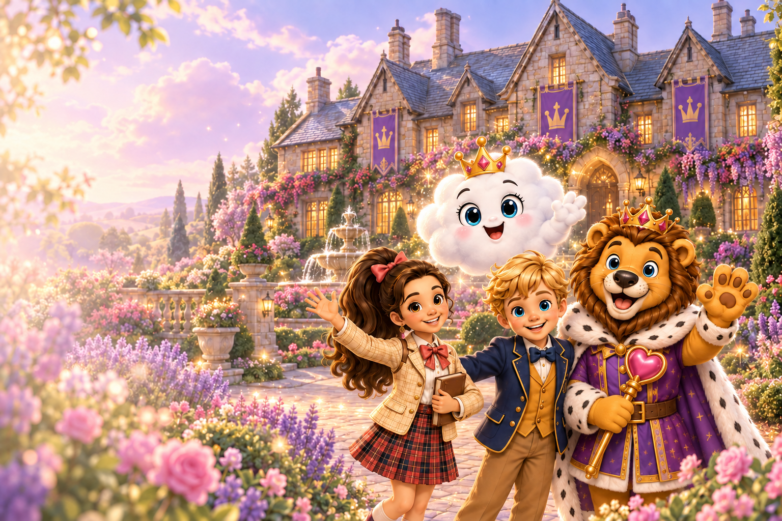 Myla, Riley, Queen Marshmallow and Sir Braveheart welcome you to a magical manor garden.